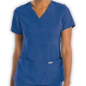 Grey’s Anatomy Blue Mock Wrap Scrub Top Short Sleeve 2 Pocket Size S New